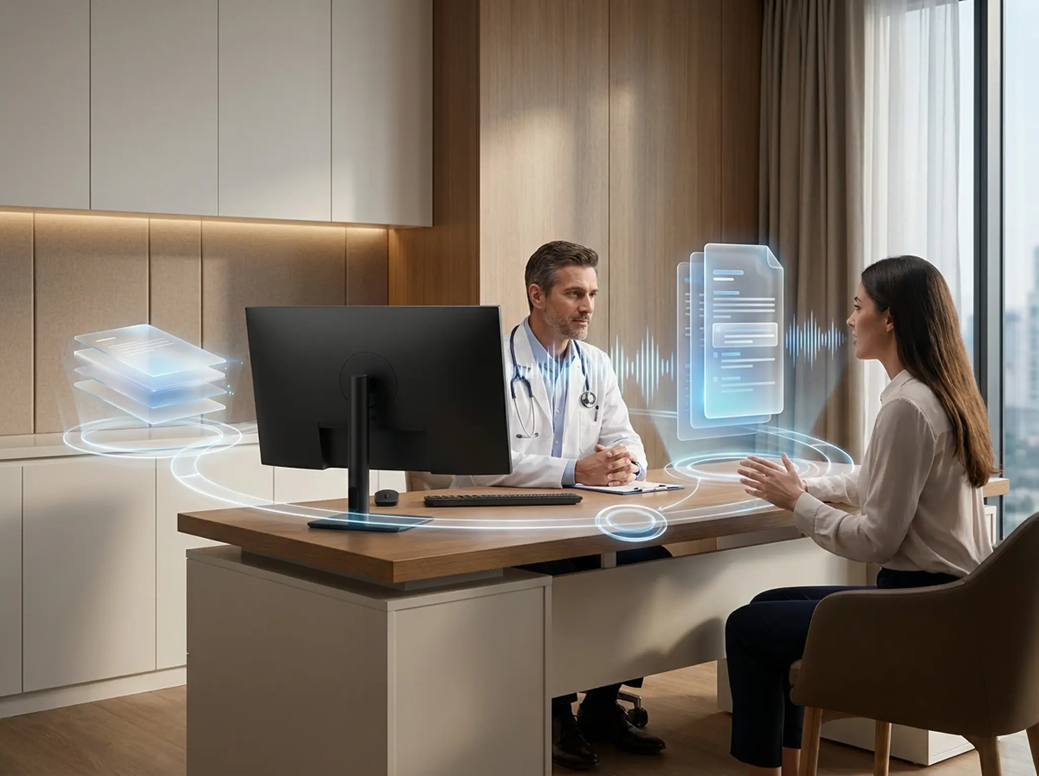 AI-powered transcription of patient interactions into organized clinical notes